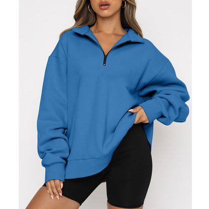 Women Sweatshirts Zip Turndown Collar Loose Casual Tops Clothes