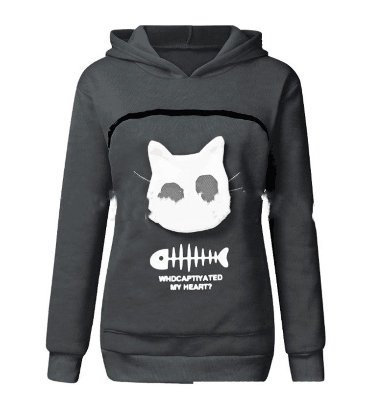 Women Hoodie Sweatshirt With Cat Pet Pocket Design Long Sleeve Sweater Cat Outfit