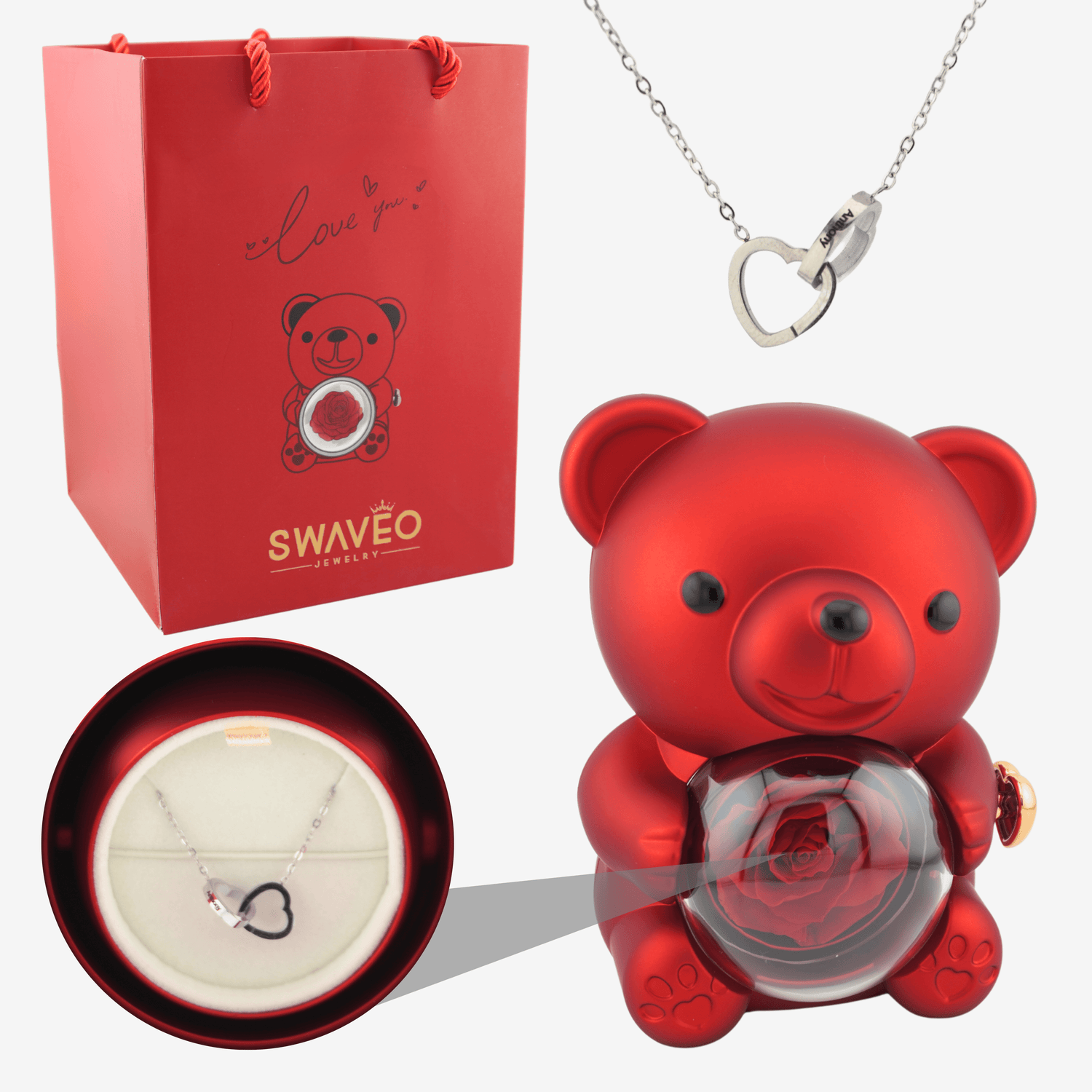 Forever Rose Bear W/ Engraved Necklace