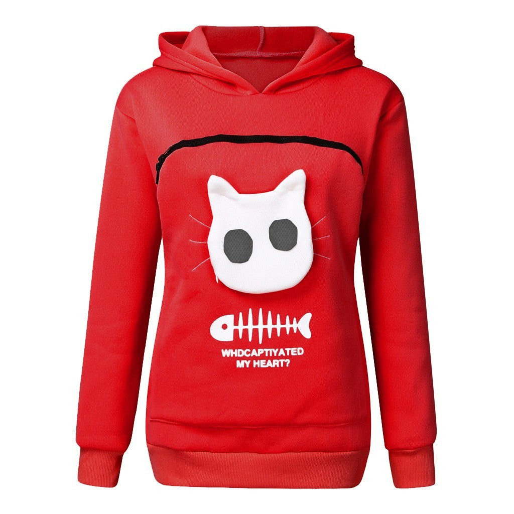 Women Hoodie Sweatshirt With Cat Pet Pocket Design Long Sleeve Sweater Cat Outfit