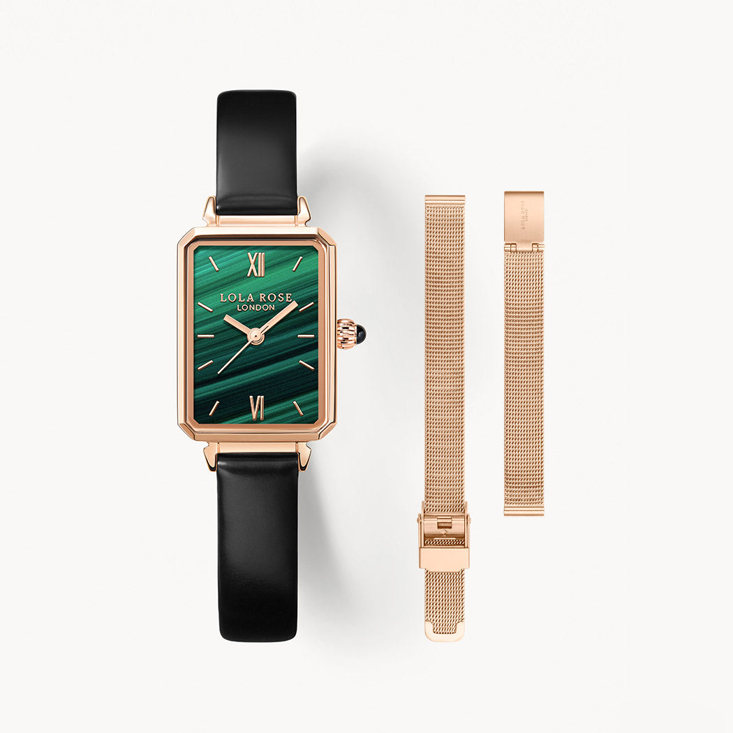 Malachite Textured Watch With Two Strap Set