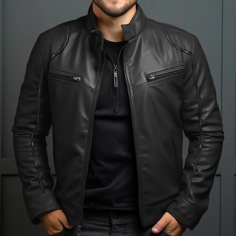 Menluxe - Leather Jacket Men, Warm Jacket with Zipper Pockets and Hood