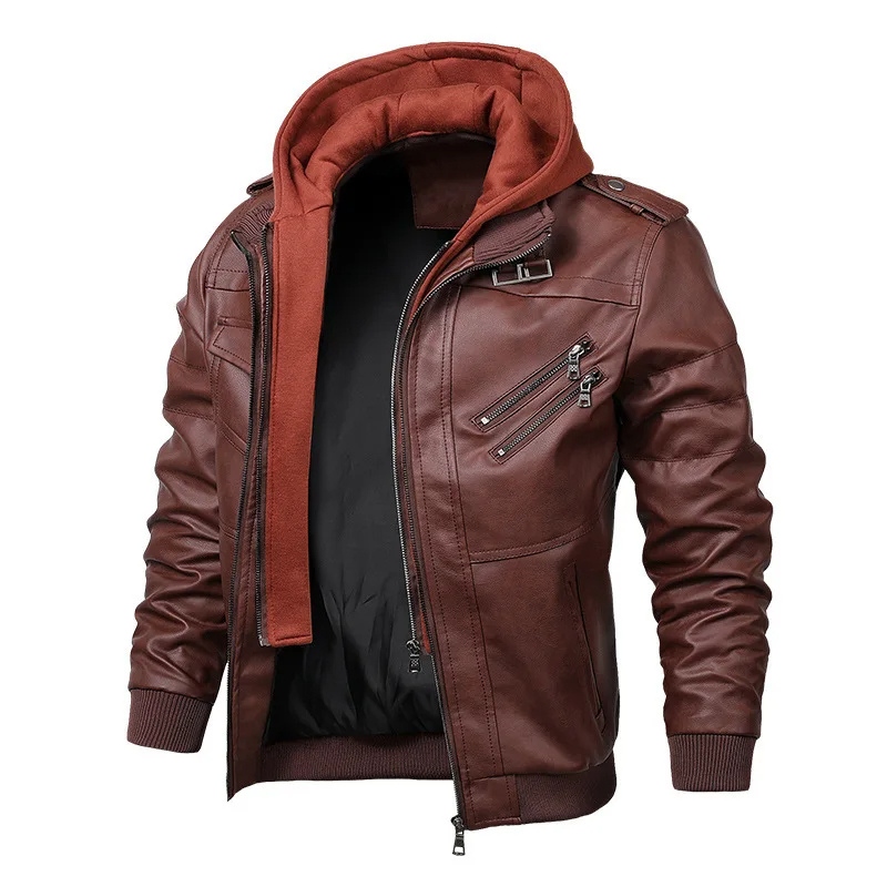 Greztor - Leather Jacket for Men with Hood, Lightweight Jacket with Zipper