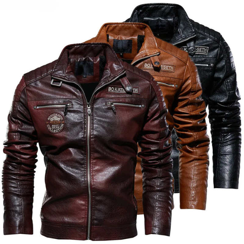 Revigor - Leather jacket men, warm jacket with zipper and hood