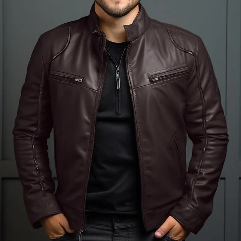 Menluxe - Leather Jacket Men, Warm Jacket with Zipper Pockets and Hood