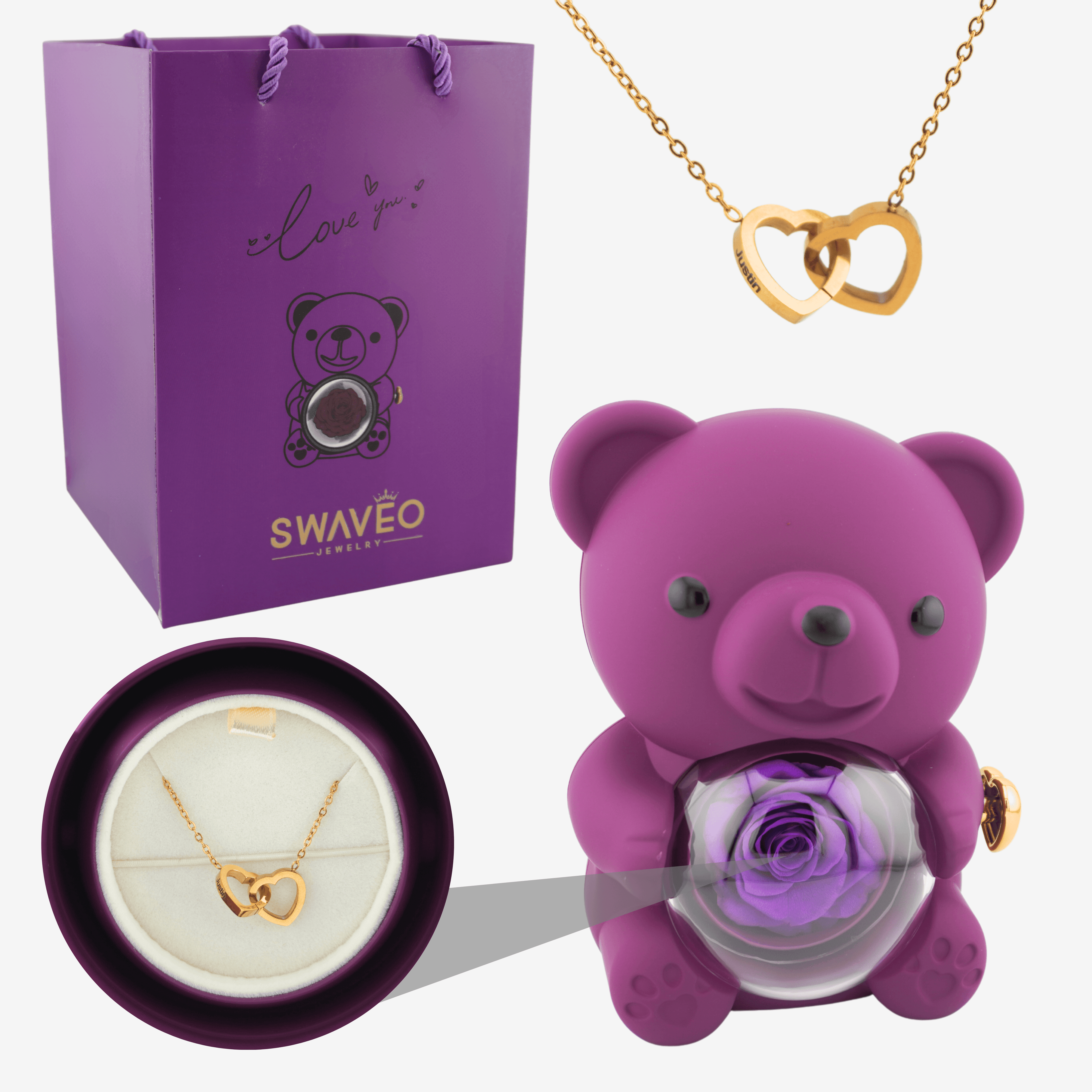 Forever Rose Bear W/ Engraved Necklace