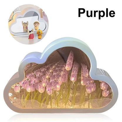 DIY Cloud Mirror Tulip Lamp Night Light Girl Bedroom Ornaments Photo Frame Handmade Glass Bedside Sleep Light Christmas Gifts