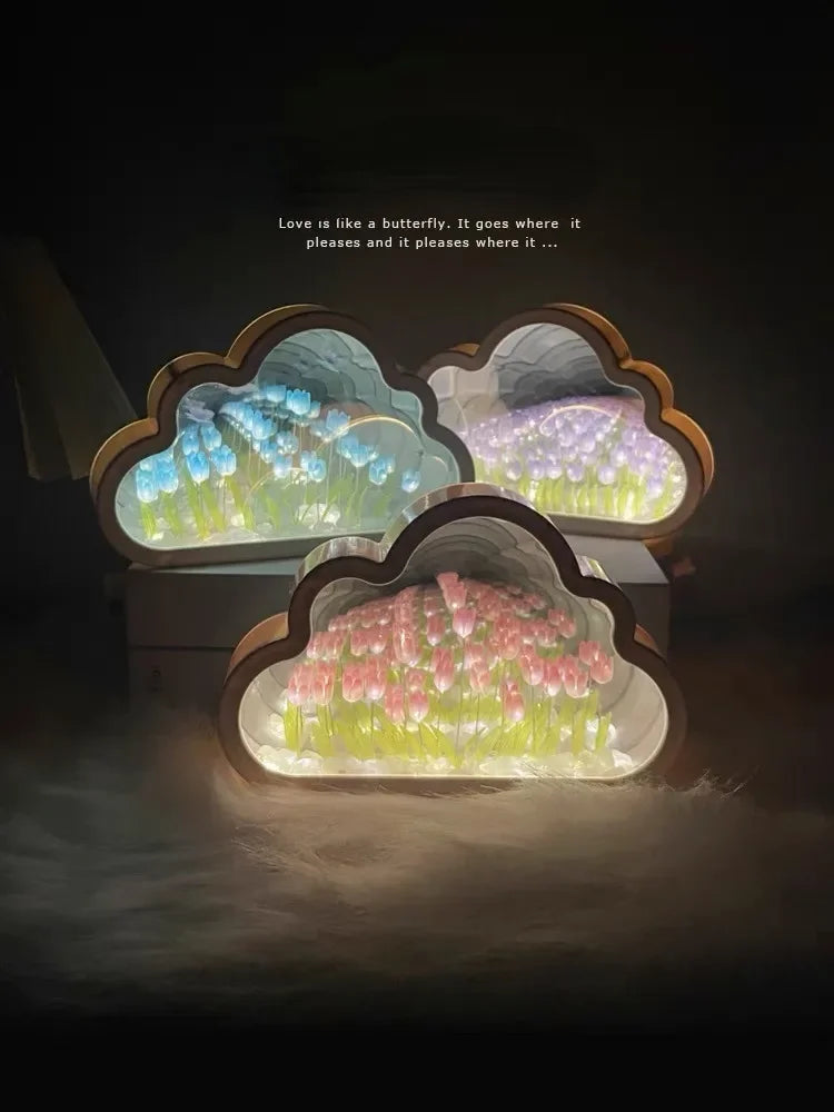 DIY Cloud Mirror Tulip Lamp Night Light Girl Bedroom Ornaments Photo Frame Handmade Glass Bedside Sleep Light Christmas Gifts