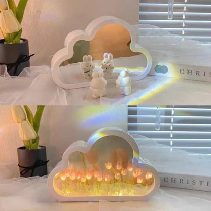 DIY Cloud Mirror Tulip Lamp Night Light Girl Bedroom Ornaments Photo Frame Handmade Glass Bedside Sleep Light Christmas Gifts