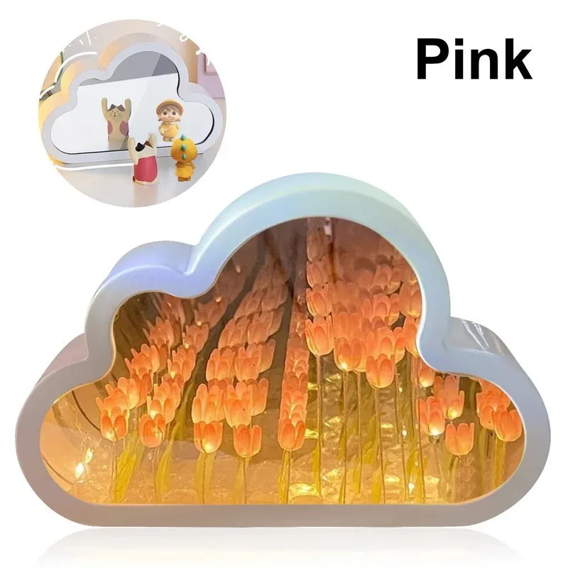 DIY Cloud Mirror Tulip Lamp Night Light Girl Bedroom Ornaments Photo Frame Handmade Glass Bedside Sleep Light Christmas Gifts