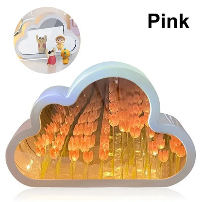 DIY Cloud Mirror Tulip Lamp Night Light Girl Bedroom Ornaments Photo Frame Handmade Glass Bedside Sleep Light Christmas Gifts