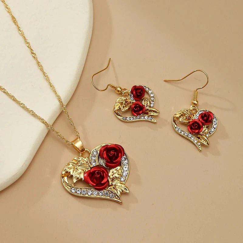 Romantic Heart Rose Diamond Necklace and Earring Set