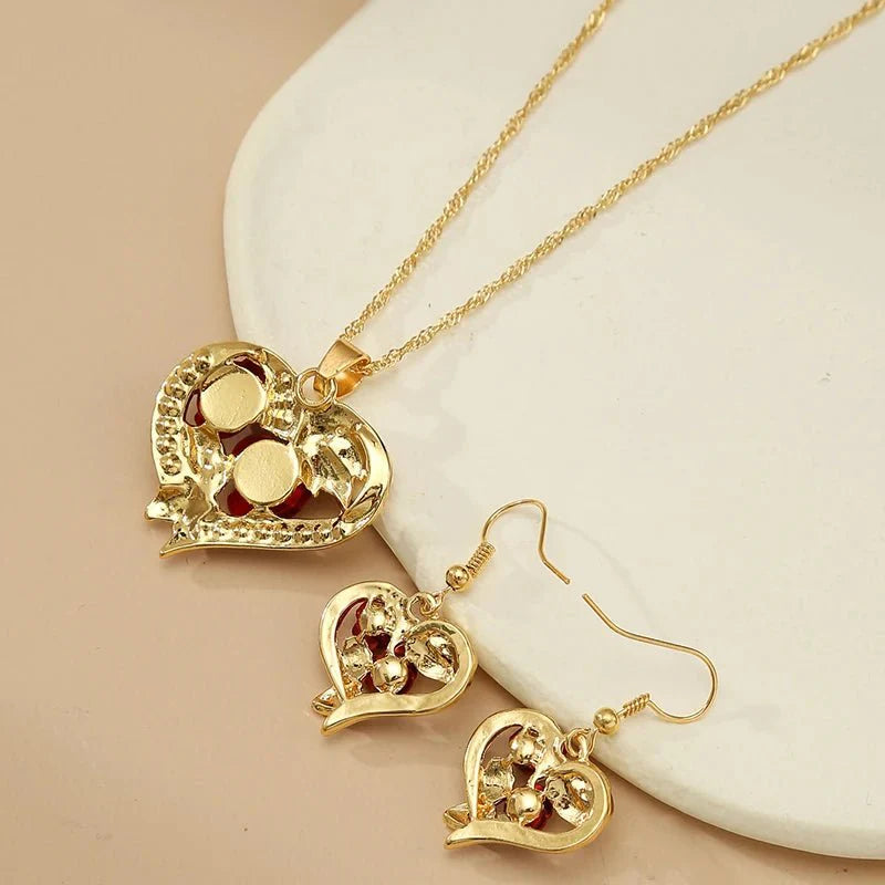 Romantic Heart Rose Diamond Necklace and Earring Set