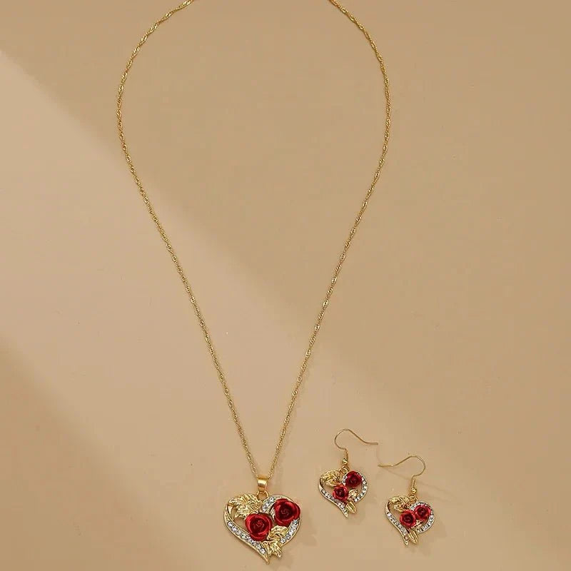 Romantic Heart Rose Diamond Necklace and Earring Set